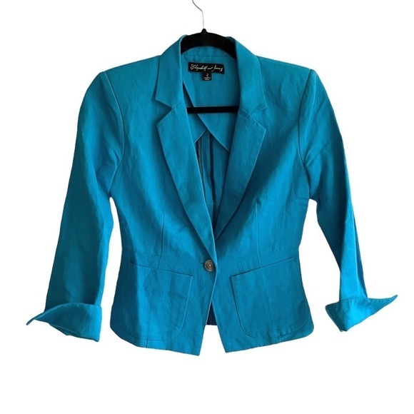 Elizabeth and JAMES Linen Cotton Cropped Blazer Peacock Blue 2 - Picture 7 of 9